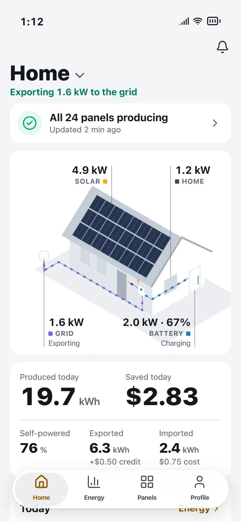 Home: all 24 panels producing, a live energy flow drawn as a house, and today's numbers