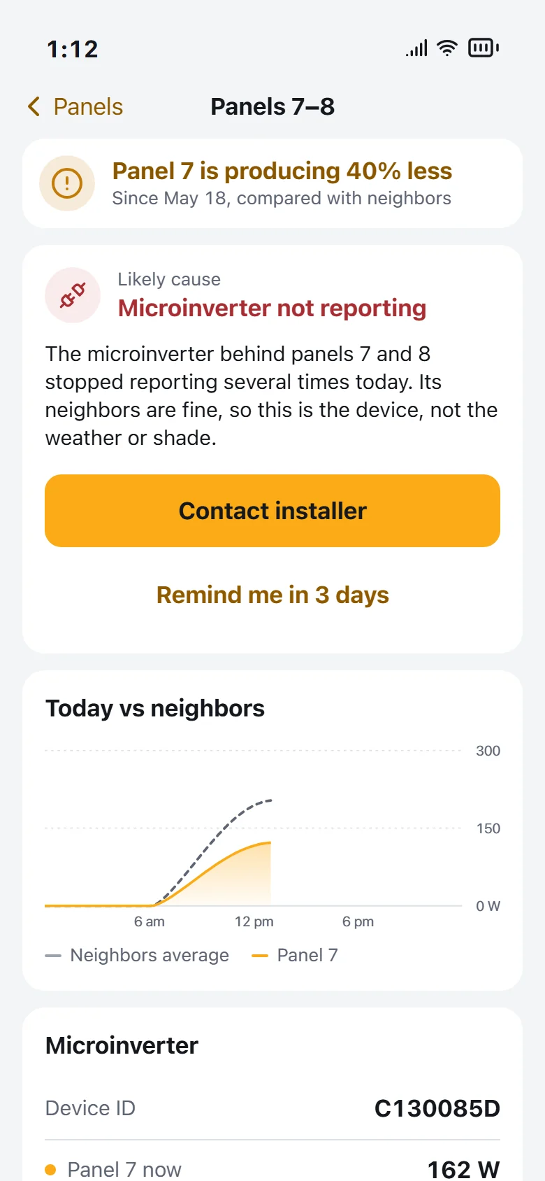 Panel detail: panel 7 is producing 40% less, with the likely cause and what to do