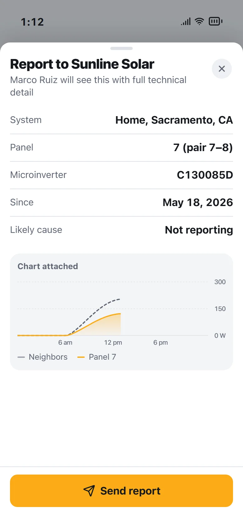 Report to the installer with panel, device ID and chart attached