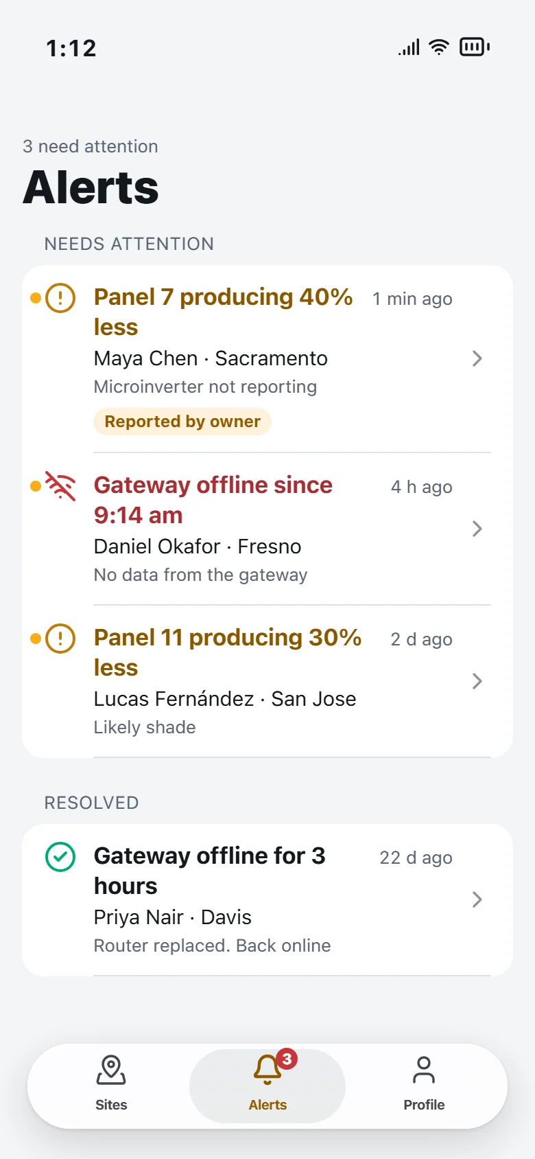 Alerts across the fleet with an owner report on top
