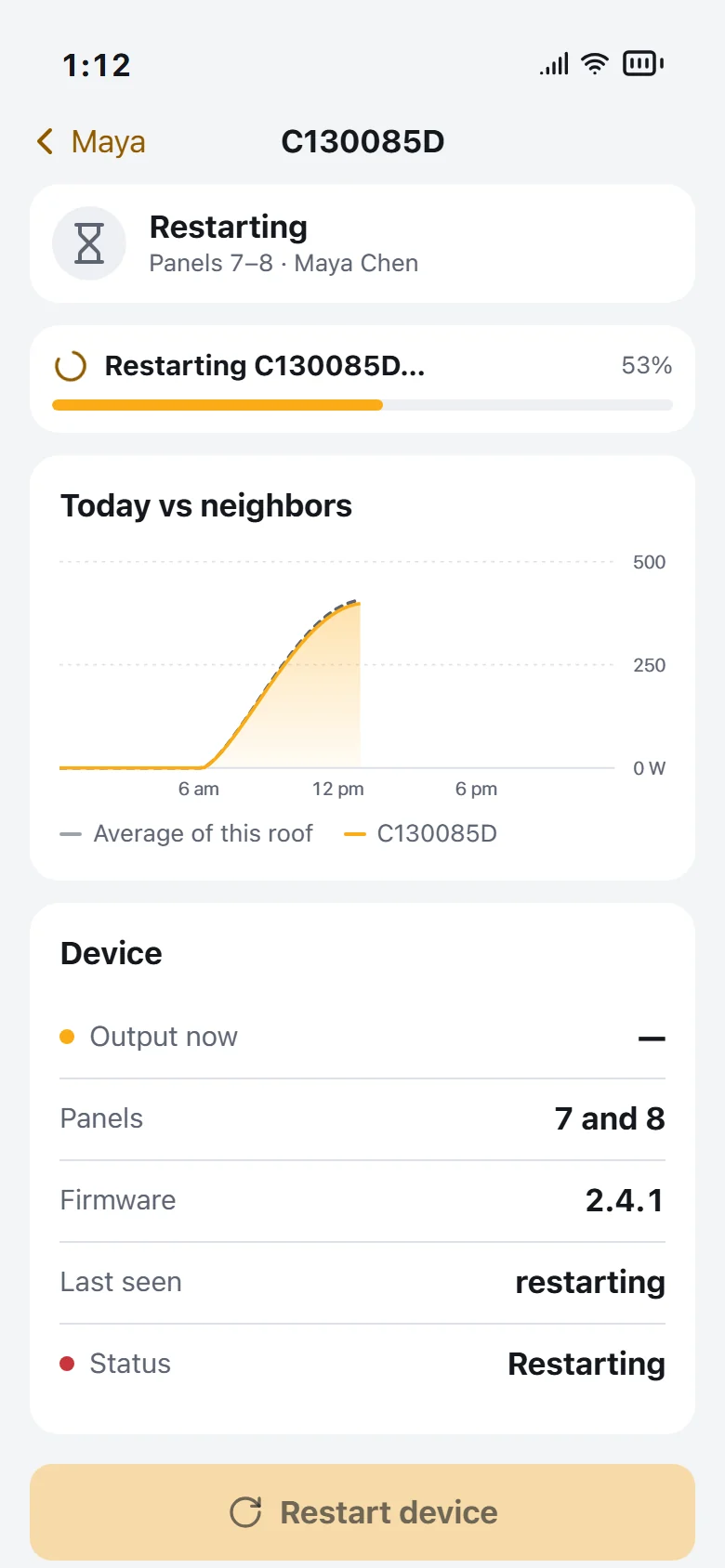 Restarting a microinverter remotely, with progress