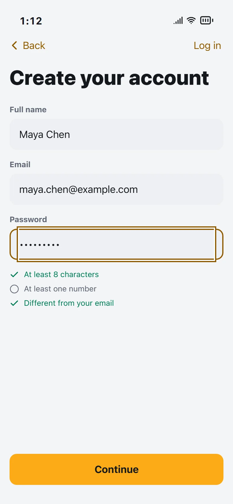 The 2026 sign-up with labels and password rules