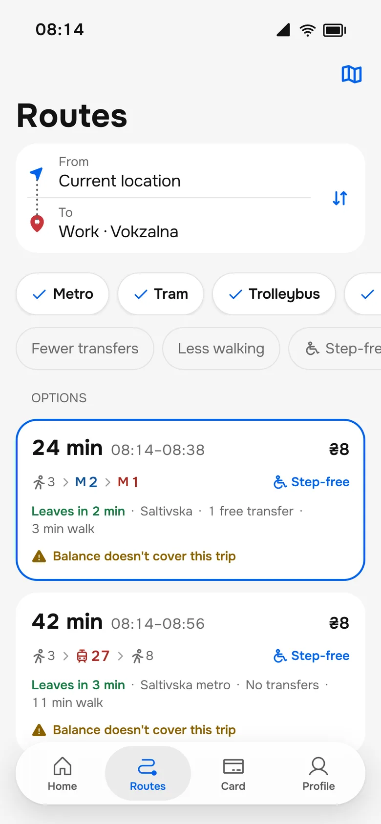 The 2026 Routes options with time, transfers, walking and the total fare
