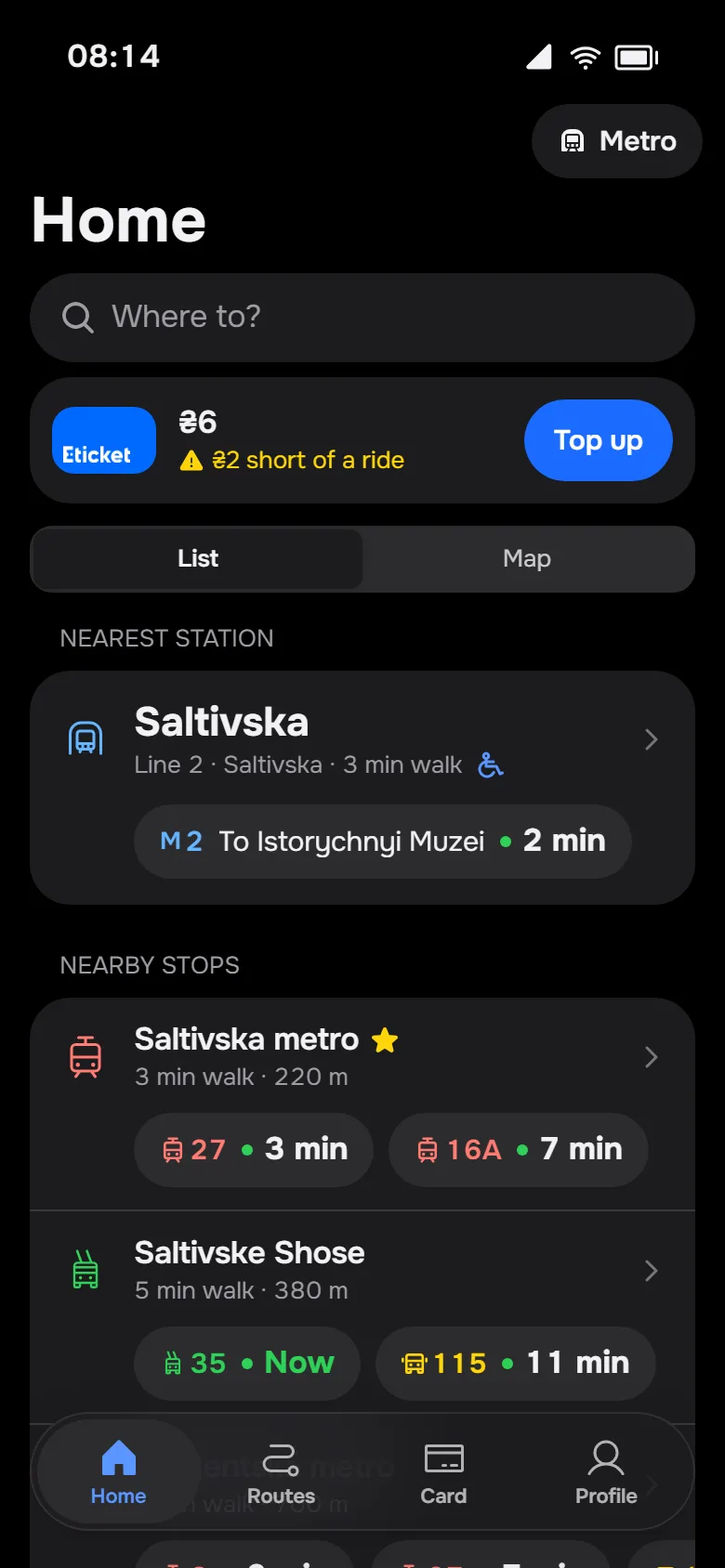 Home in the dark theme with the nearest station and live arrivals