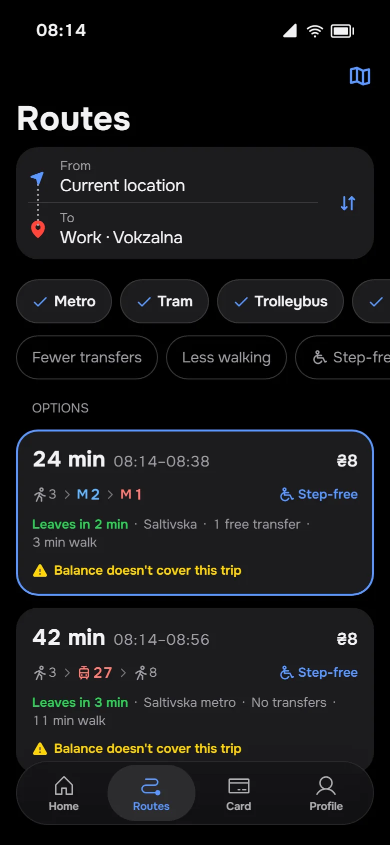 Routes options in the dark theme with the fare