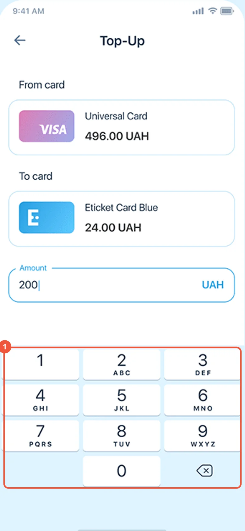 Our 2020 Top-up screen with an amount field and a custom numeric keypad, marked