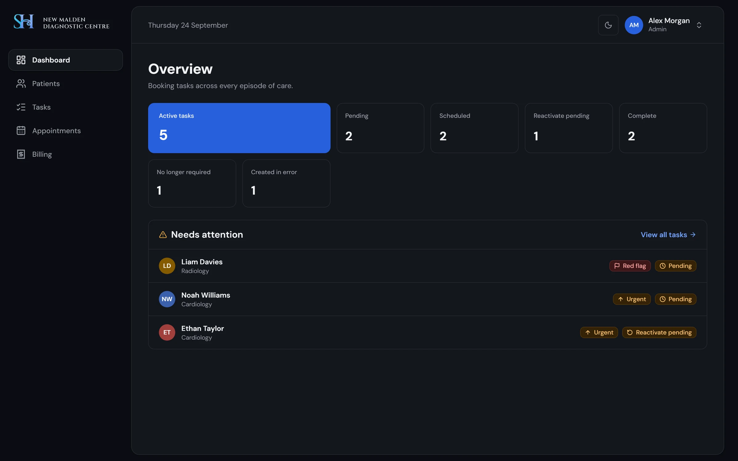 The dashboard in the dark theme