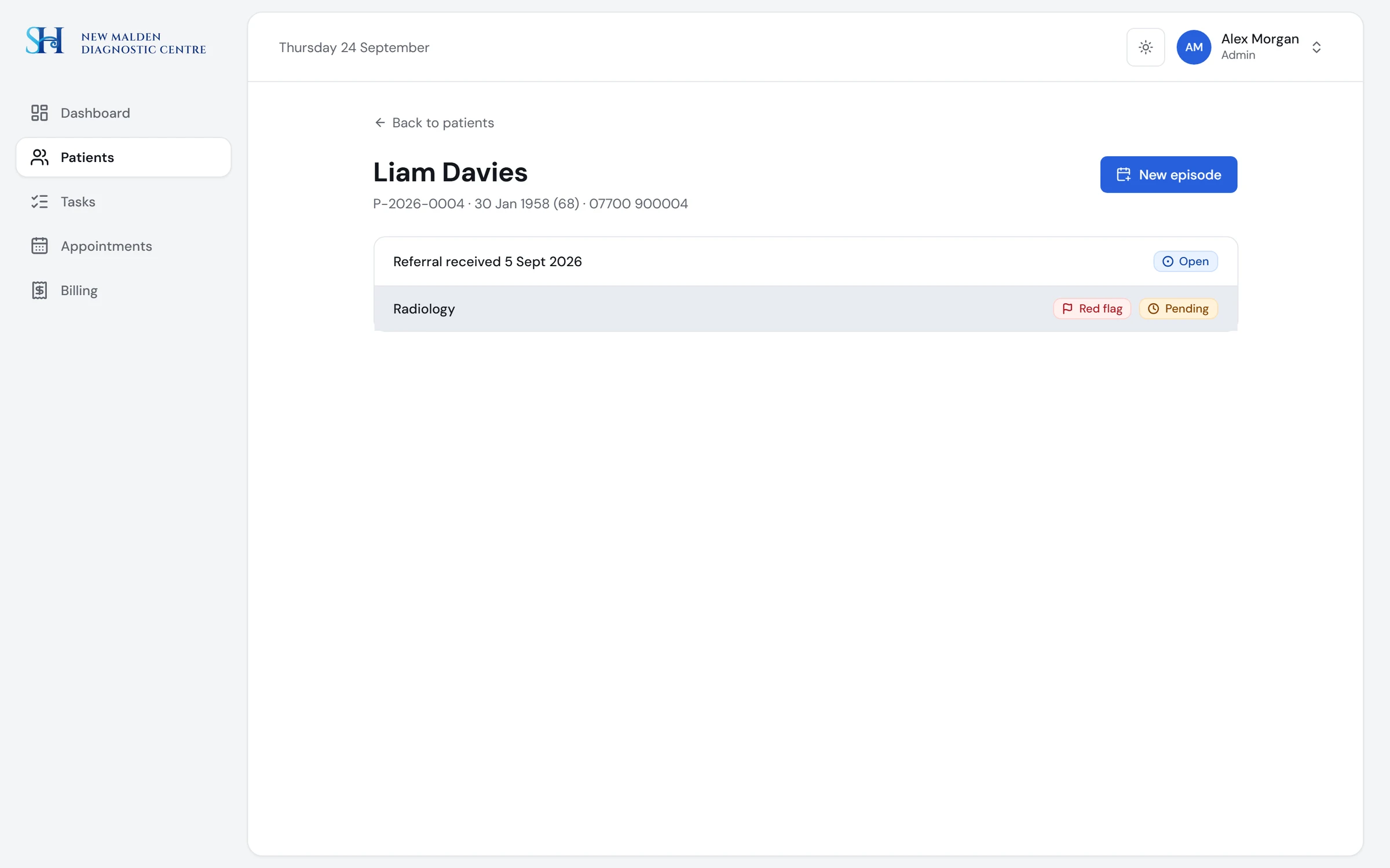 A patient record with episodes and tasks