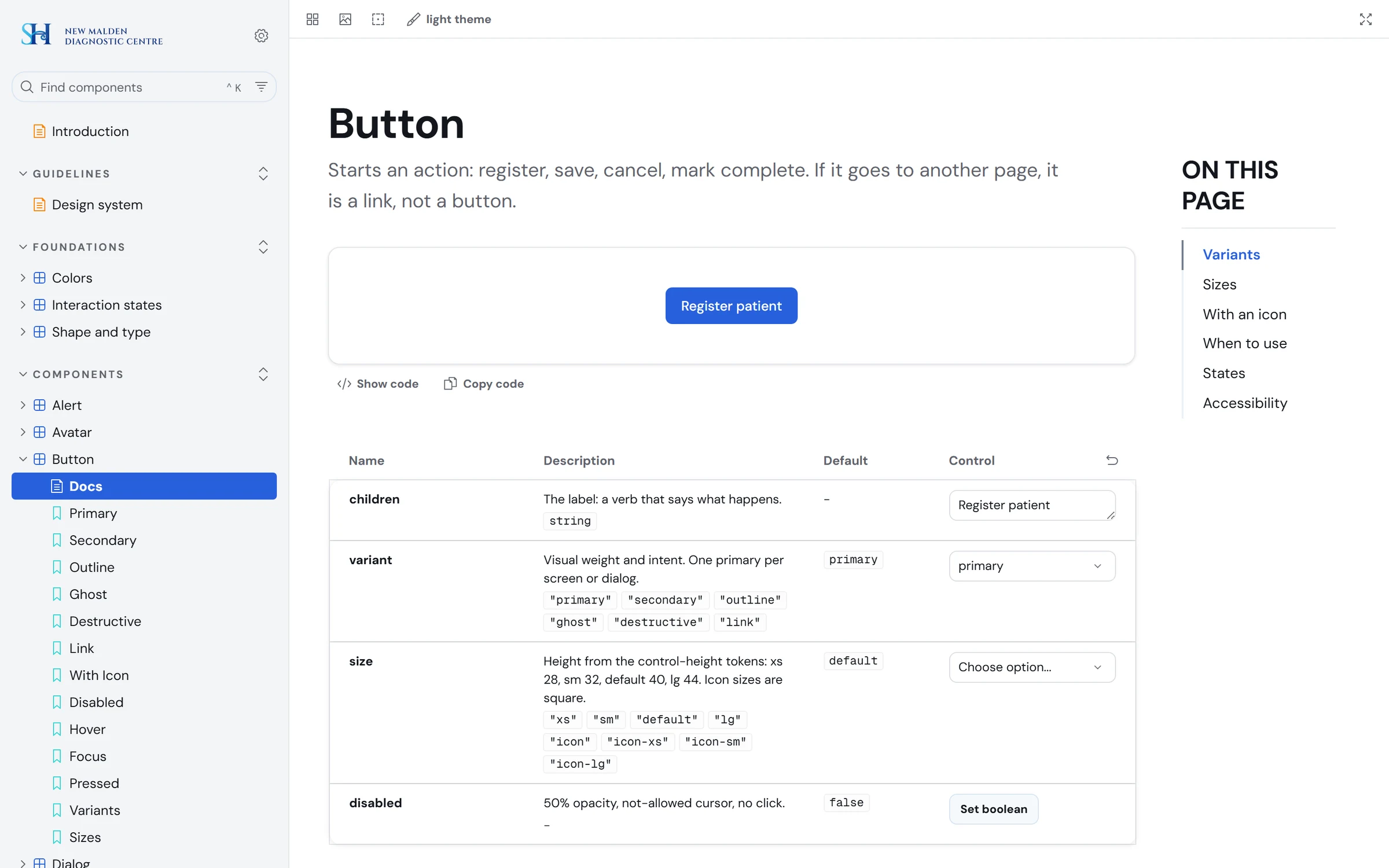 The Button documentation page in Storybook