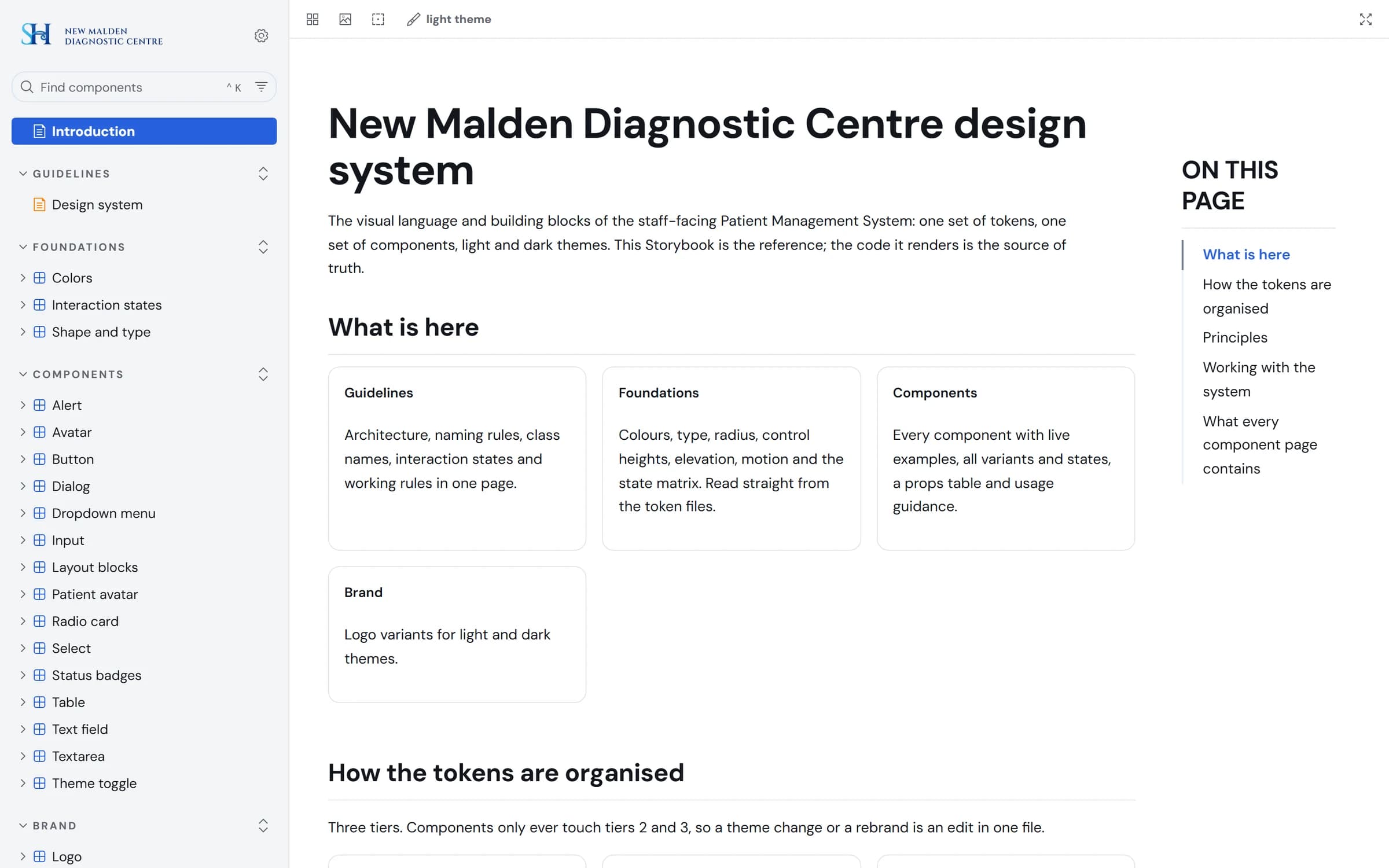 The Storybook introduction page of the design system