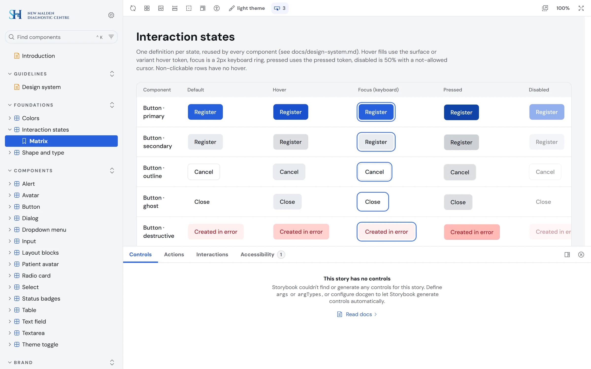 The interaction states matrix in Storybook