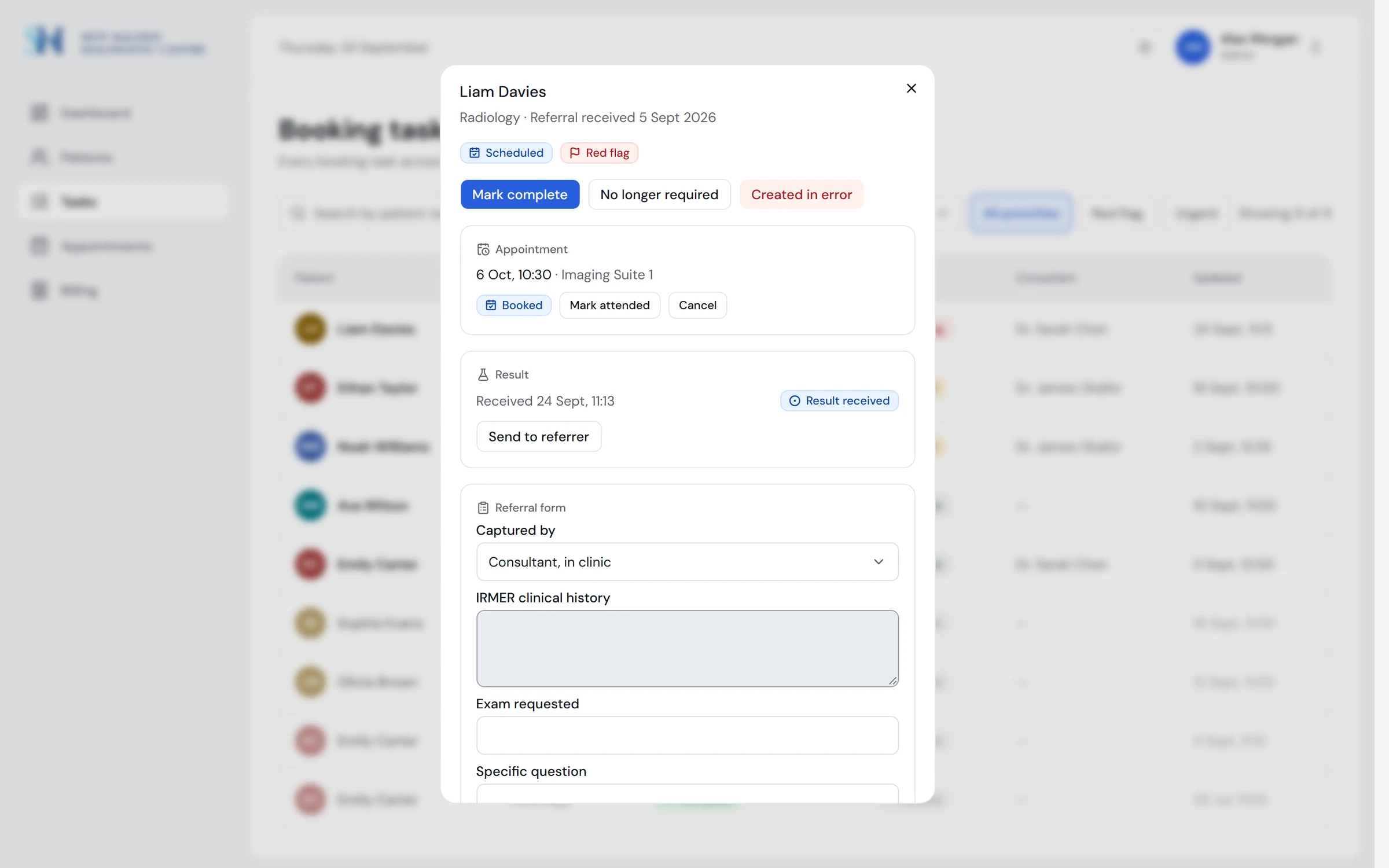 The task dialog with a referral form being filled in