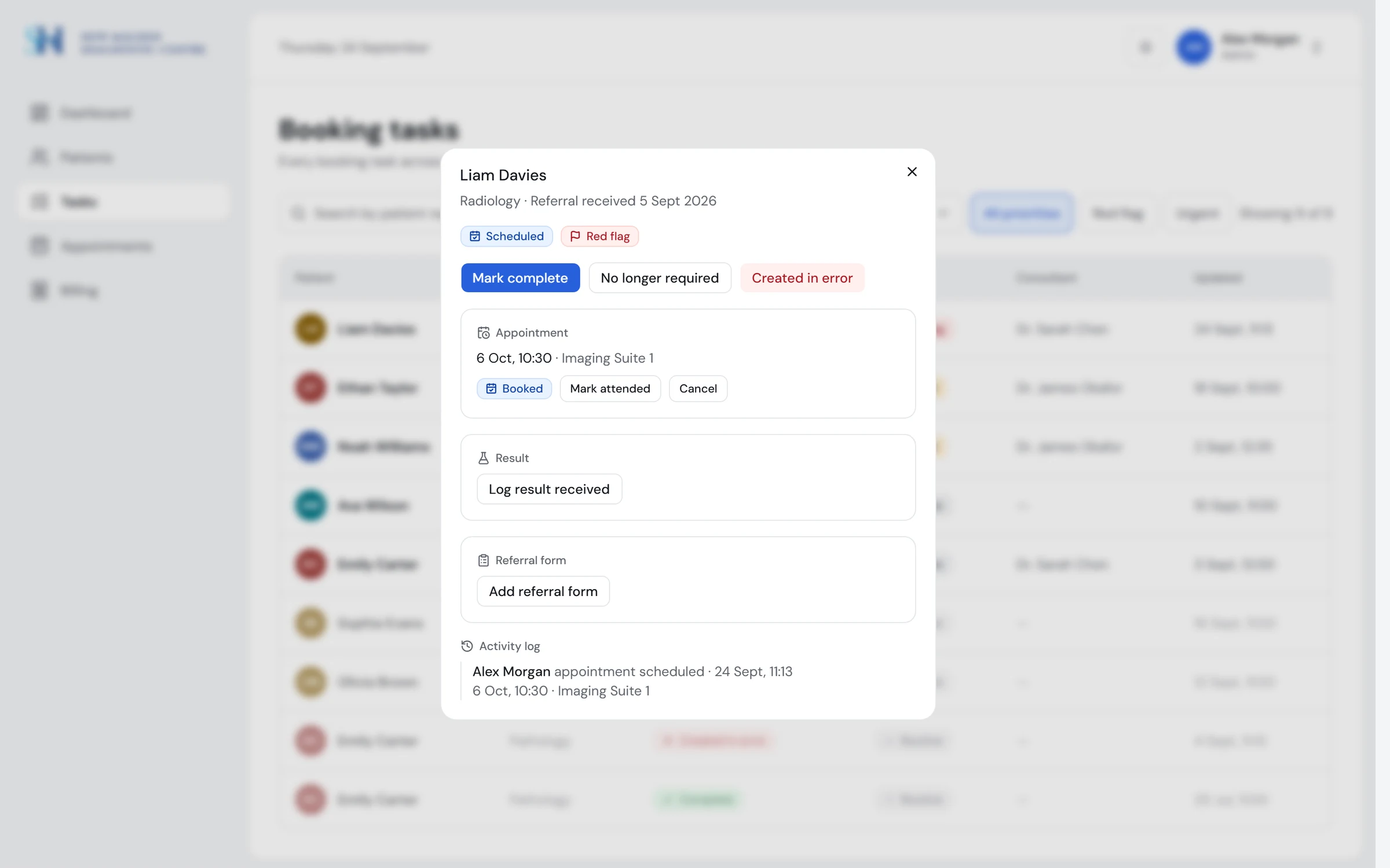 The task dialog showing a booked appointment and allowed next actions