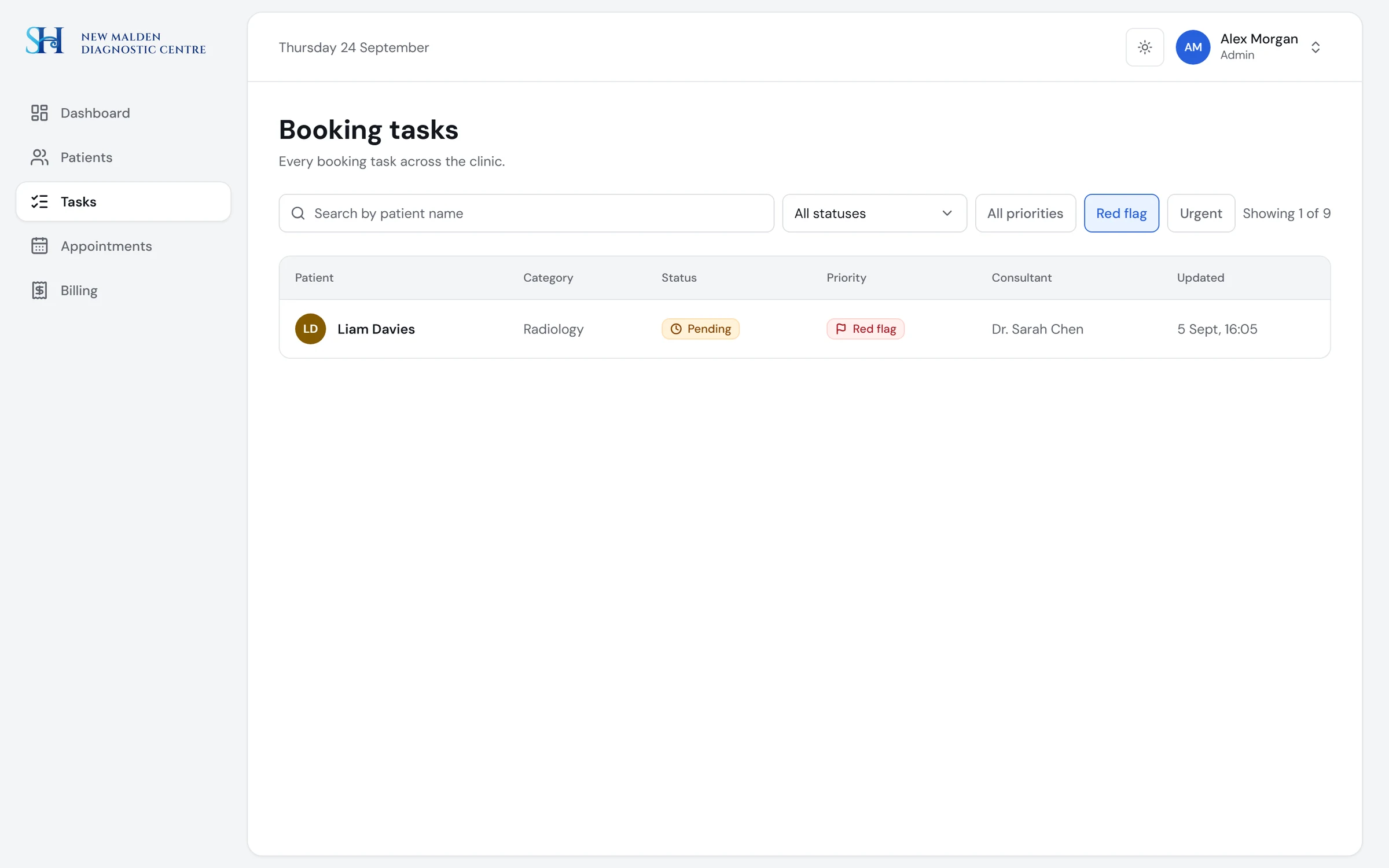 The redesigned task list filtered to red flag tasks