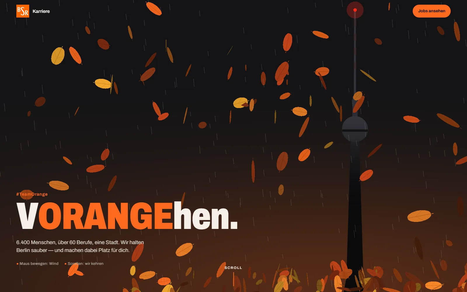 Orange autumn leaves falling around the Berlin TV Tower behind the headline “VORANGEhen.”