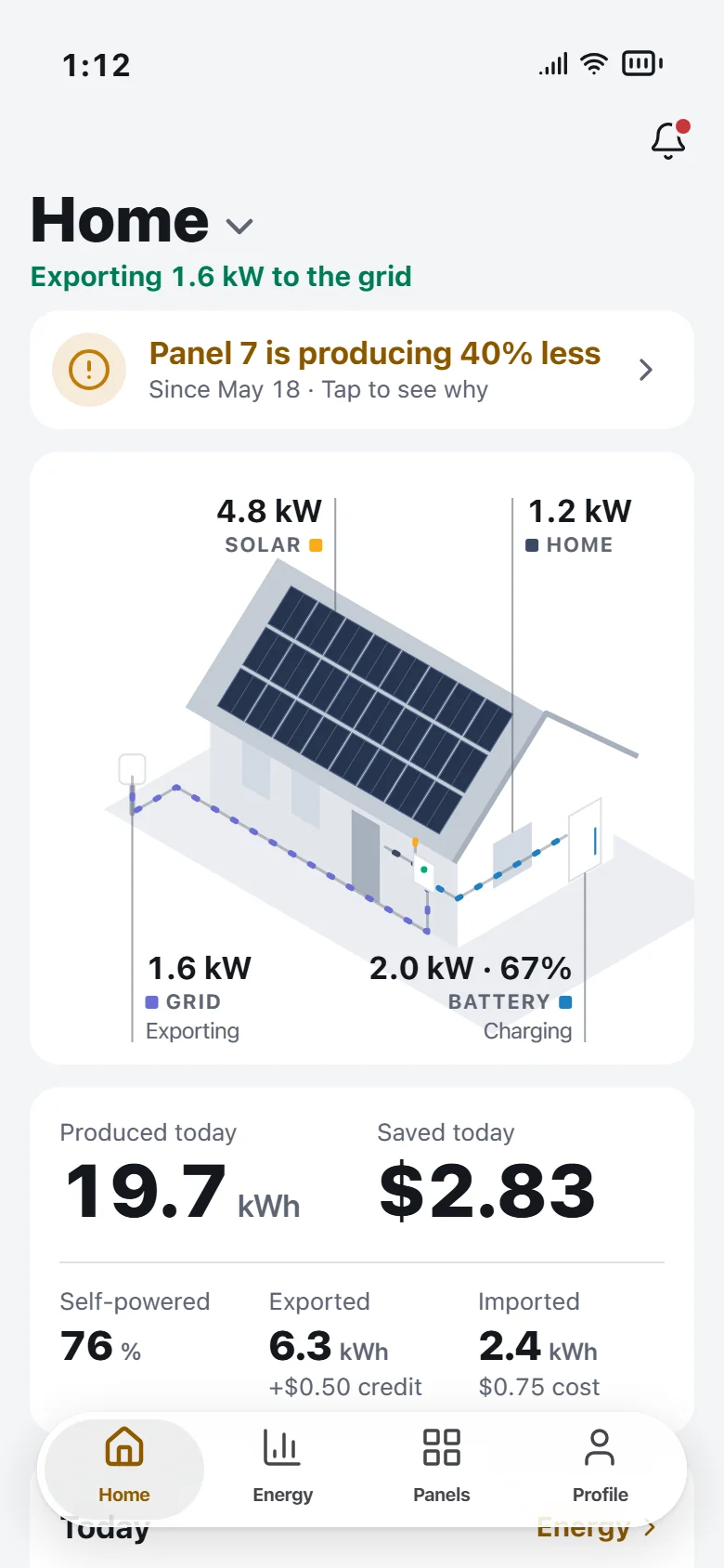 The 2026 home screen with panel 7 producing 40% less