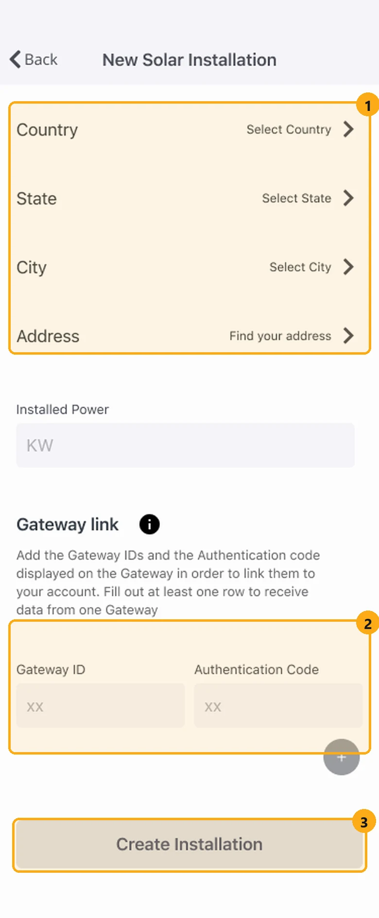 Our 2021 new installation form with the location pickers, the gateway codes and the grey button marked