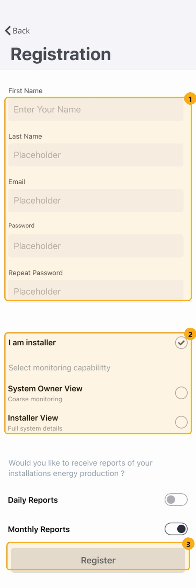 Our 2021 registration form with the fields, the role checkboxes and the Register button marked