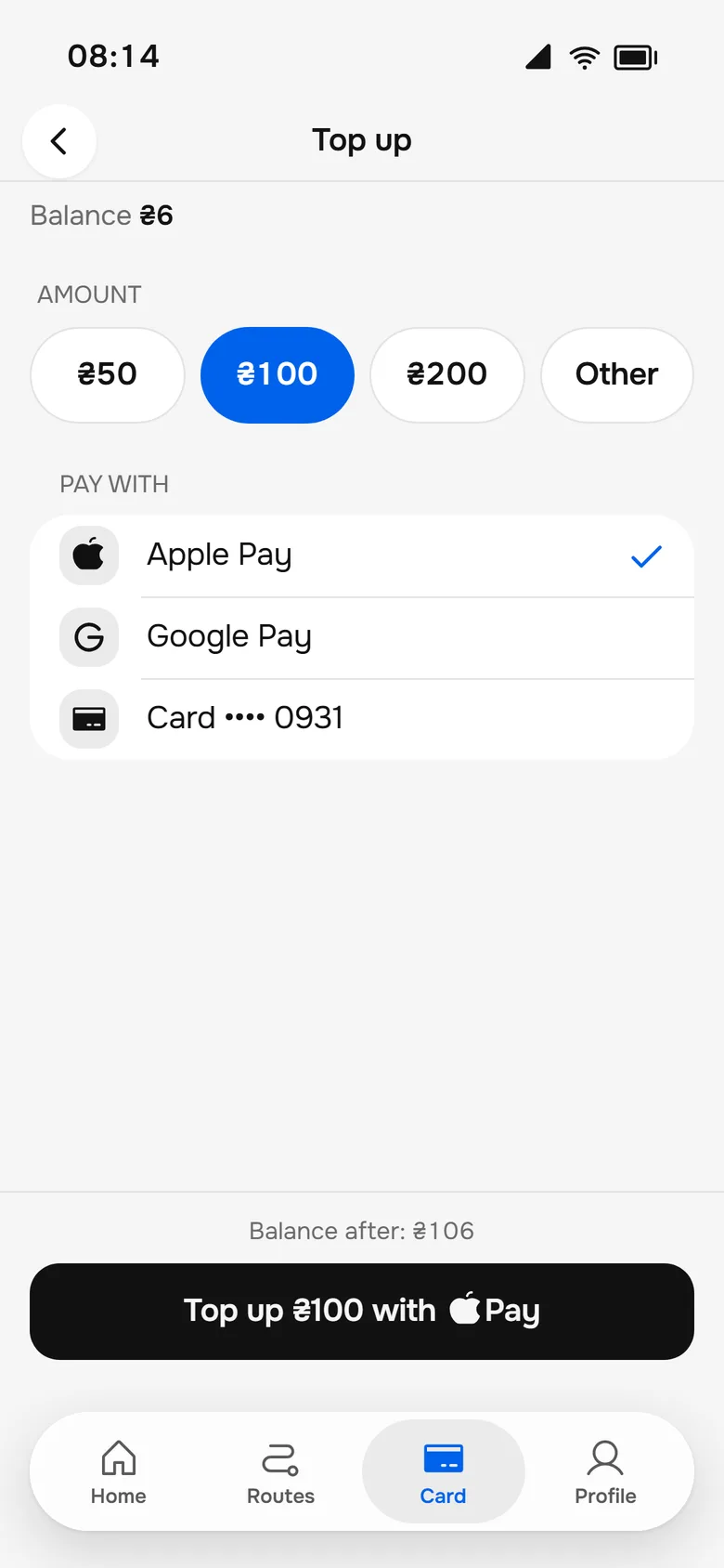 The 2026 Top-up with amount chips and Apple Pay
