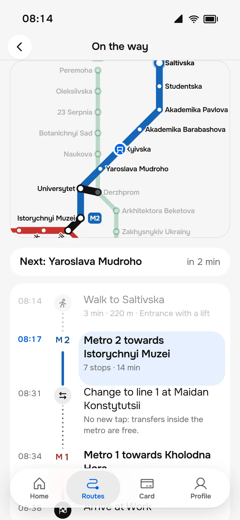 Live trip on the metro map with the next station and a transfer prompt