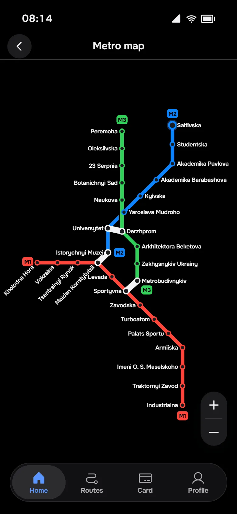 Metro map in the dark theme with the three coloured lines