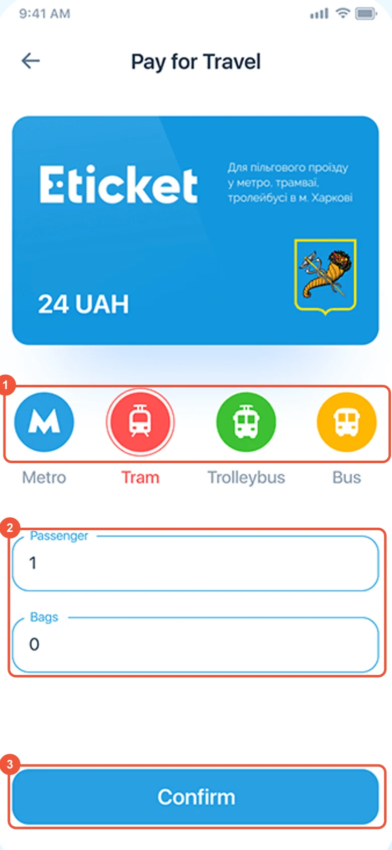Our 2020 Pay for Travel screen: transport type, passengers, bags and a Confirm button, marked