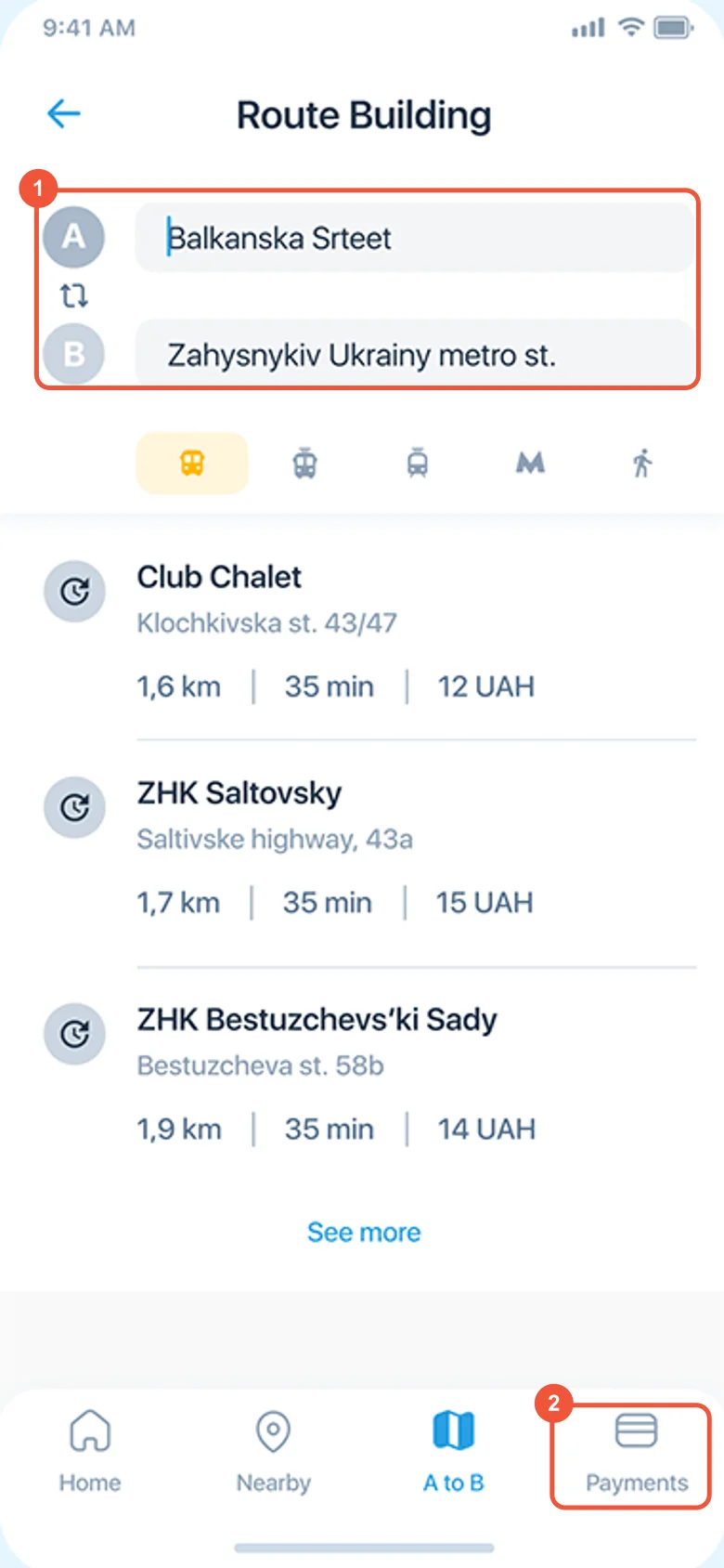 Our 2020 Route Building screen, a second search separate from Home, with a tab named Payments, marked