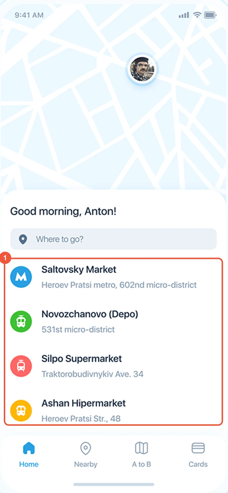 Our 2020 Home screen: a map and a list of nearby stops without arrival times, marked