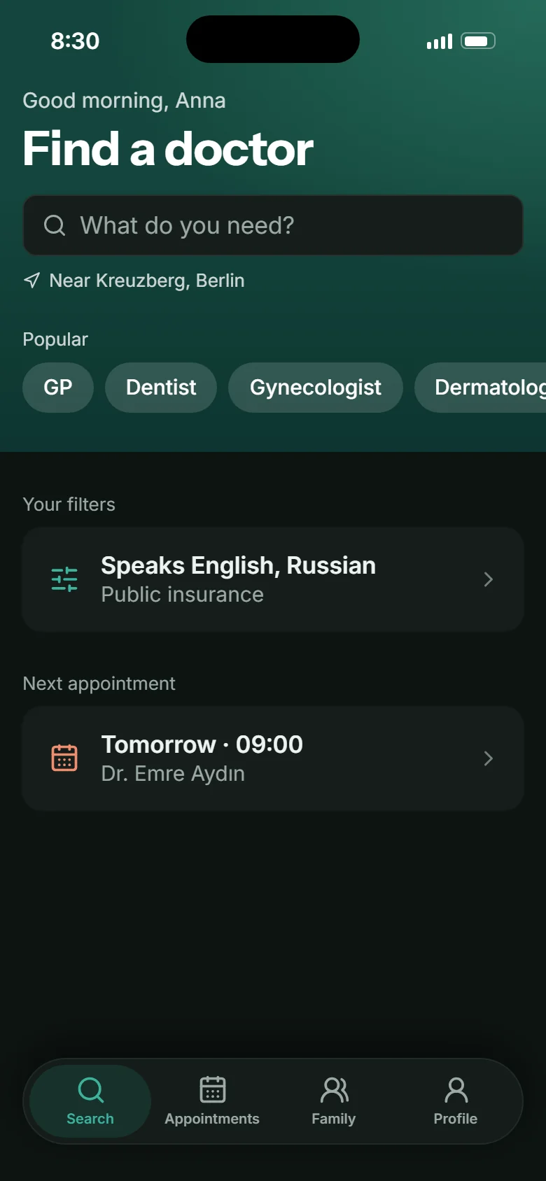 Home in the dark theme