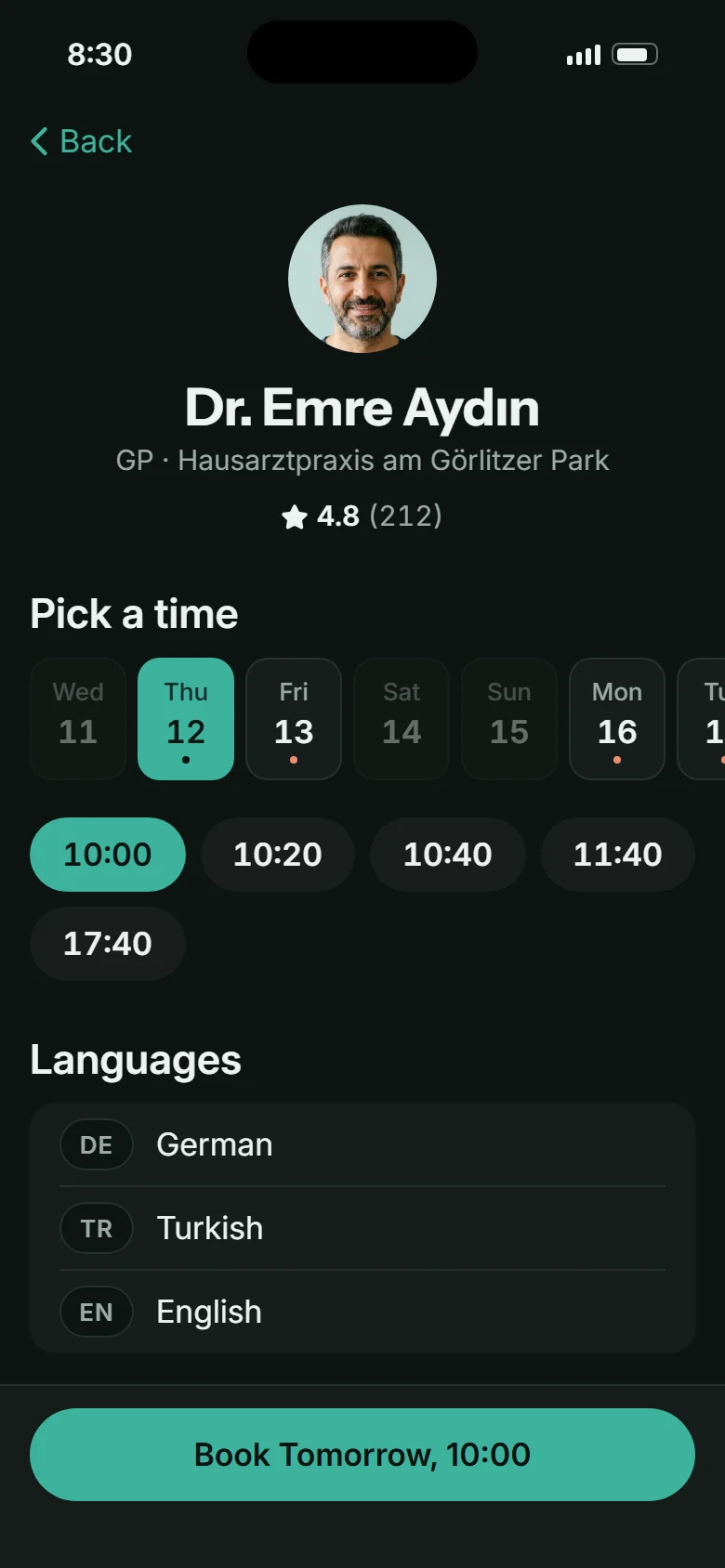 Doctor profile in the dark theme