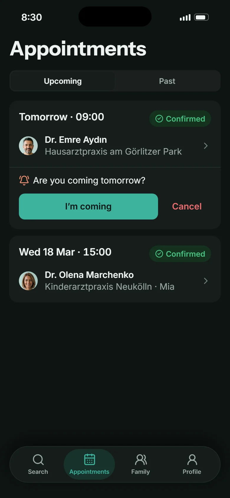 Appointments in the dark theme