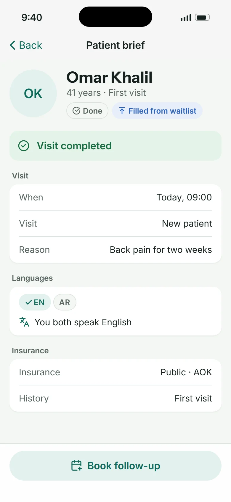 Patient brief: Omar Khalil, first visit, filled from waitlist, you both speak English