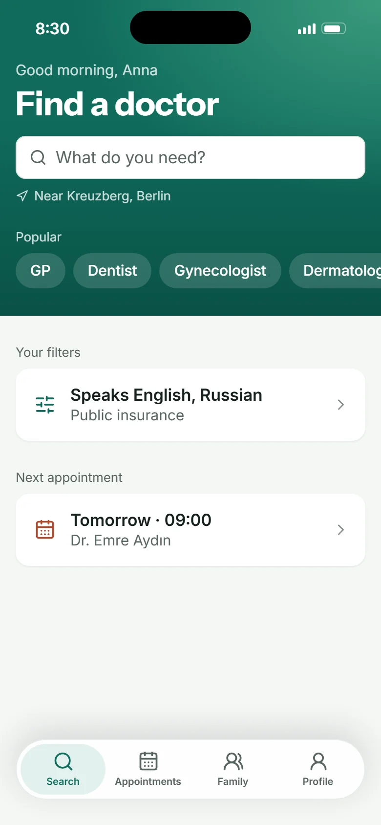 Parlo home: Good morning, Anna, Find a doctor, search, popular specialties