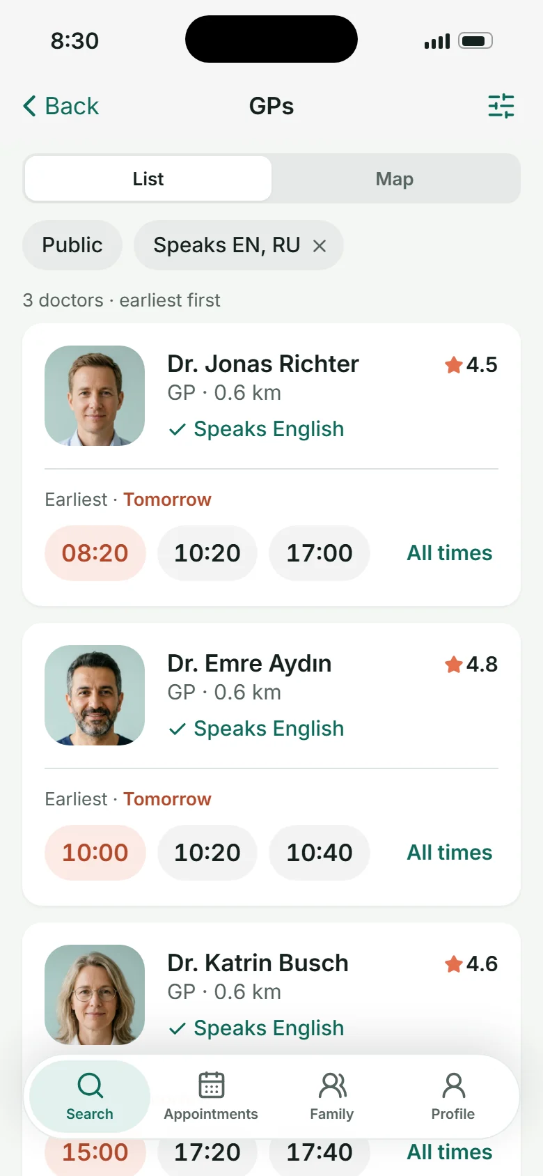 Results with three bookable times per doctor, the earliest in coral