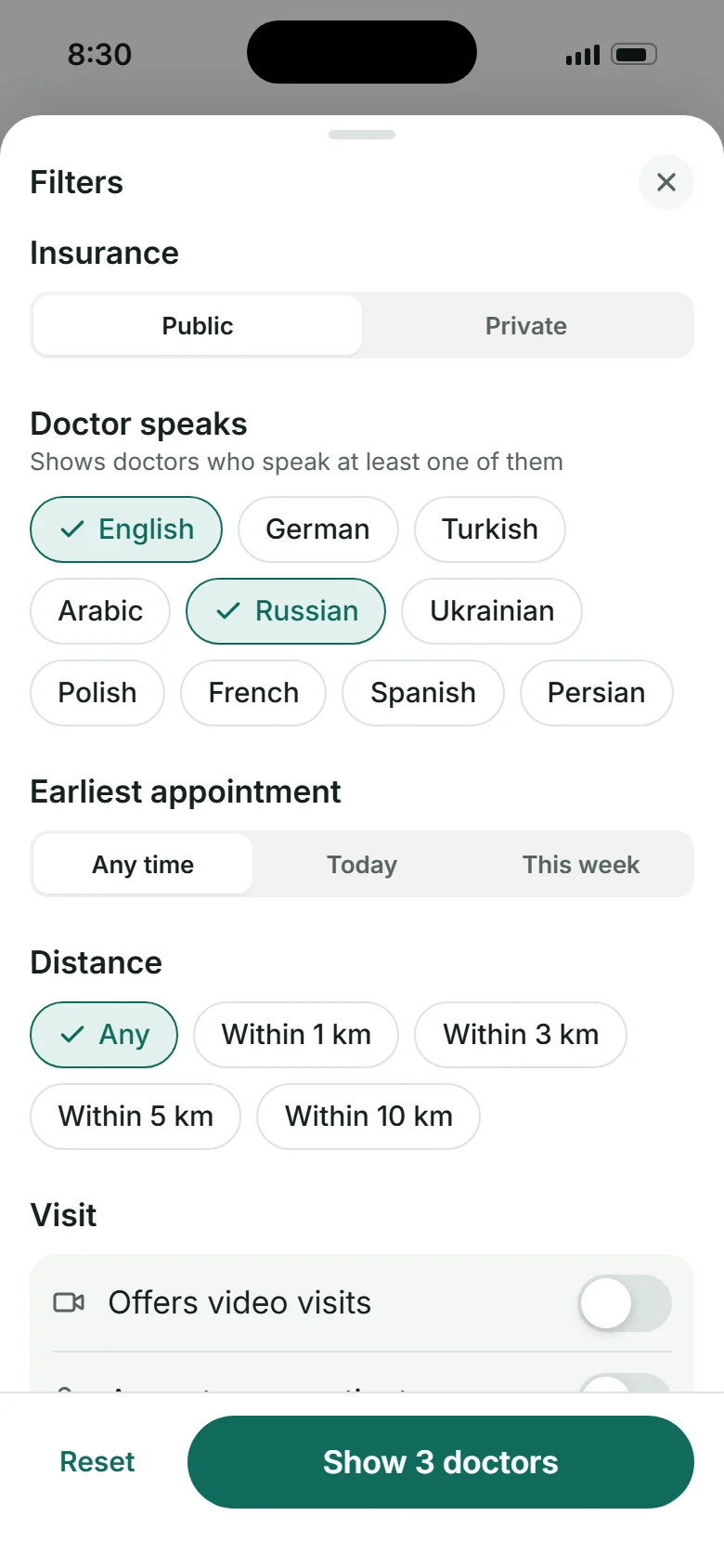Filters: insurance, doctor speaks, earliest appointment, distance, visit