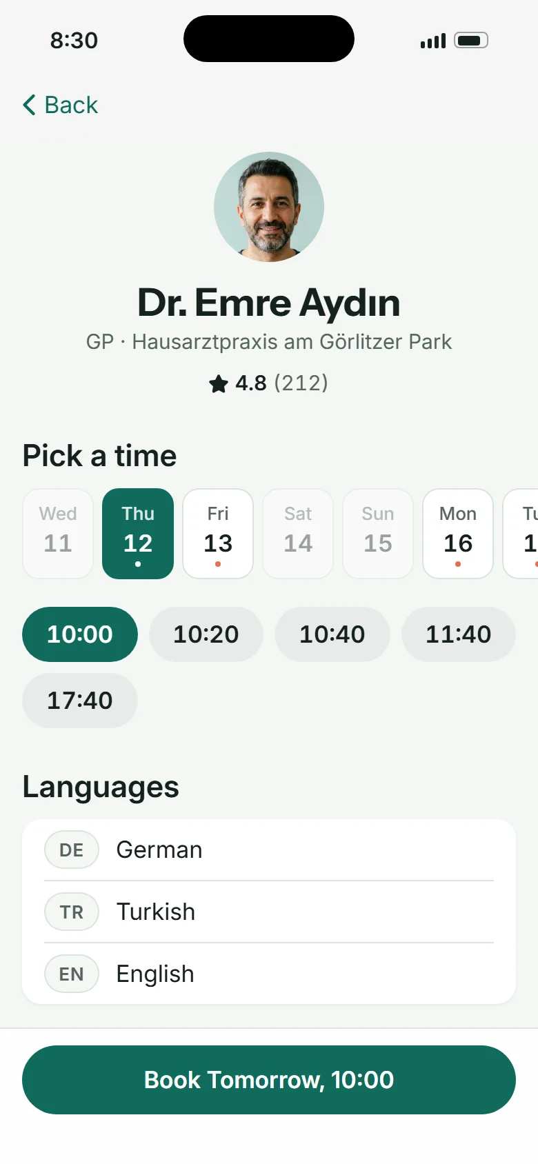 Doctor profile with photo, rating, a day picker and times, languages