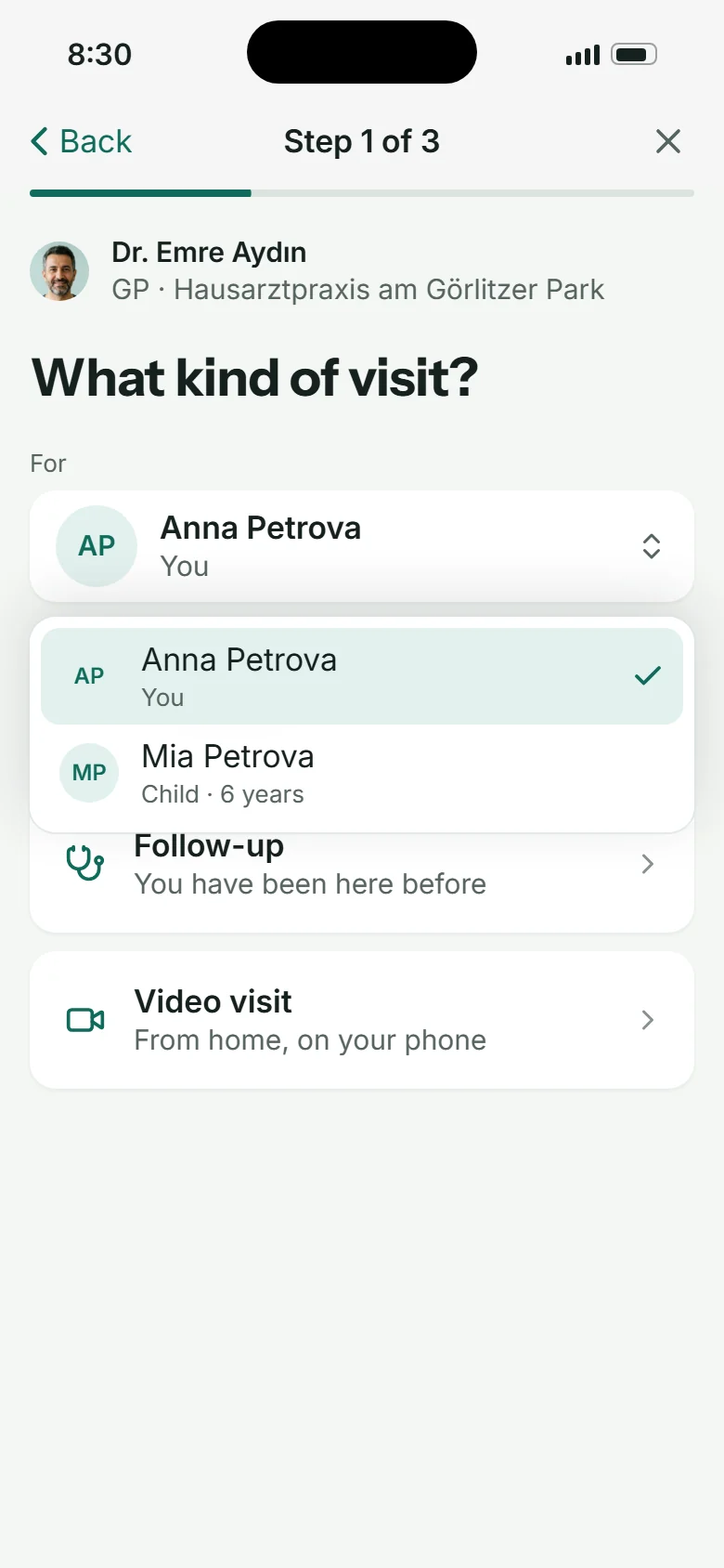 Booking step with a menu: Anna Petrova (you), Mia Petrova (child, 6 years)