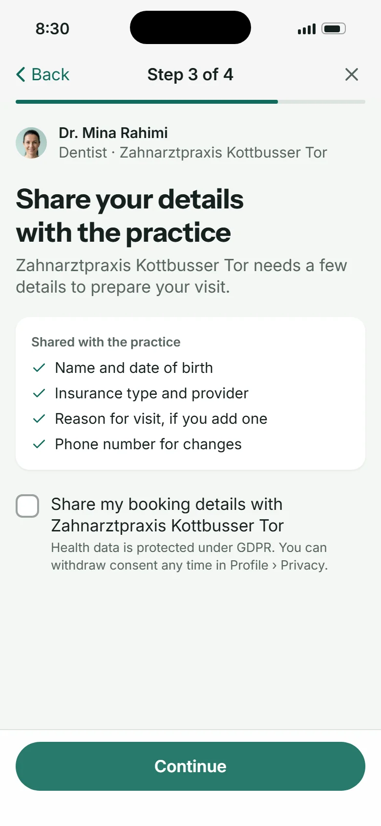 Share your details with the practice: what is shared, a checkbox, GDPR note