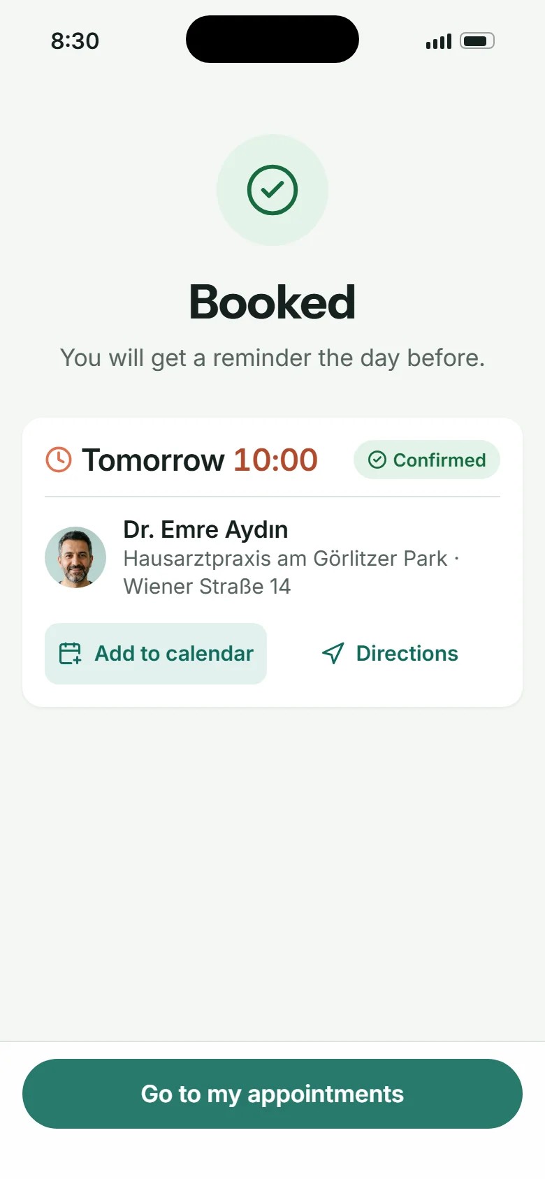 Booked: tomorrow 10:00, add to calendar, directions