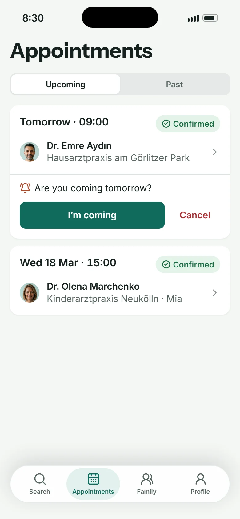 Appointments: tomorrow 09:00 with Are you coming tomorrow, I'm coming, Cancel