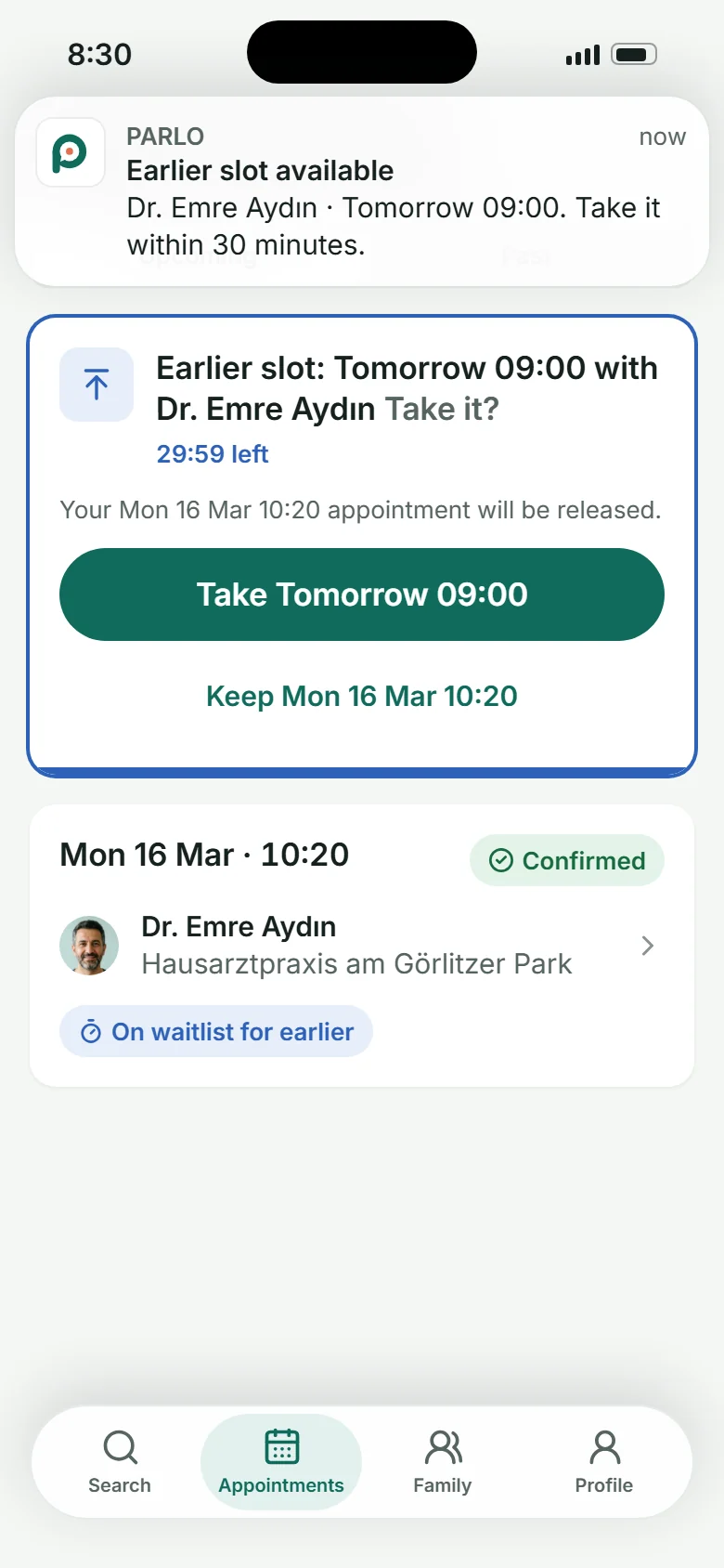 Earlier slot offer with a countdown and Take Tomorrow 09:00