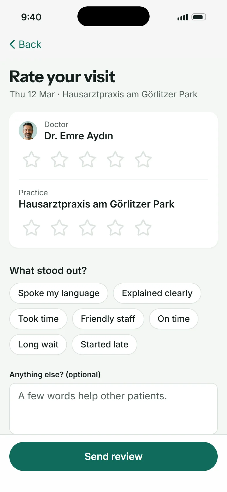 Rate your visit: doctor and practice stars, reason chips like Spoke my language