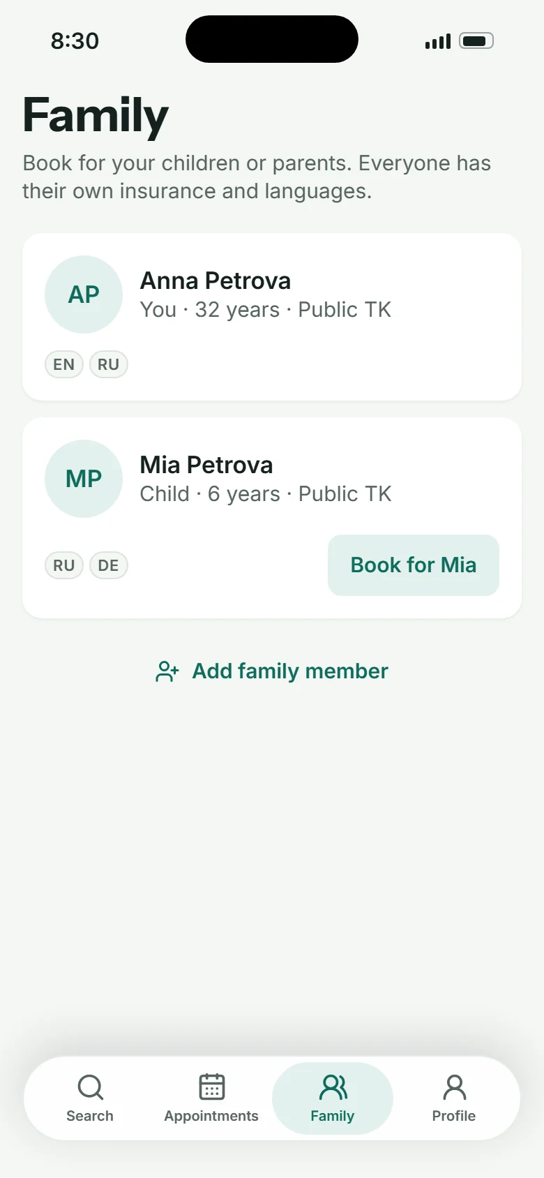 Family: Anna and Mia with insurance and languages, Book for Mia