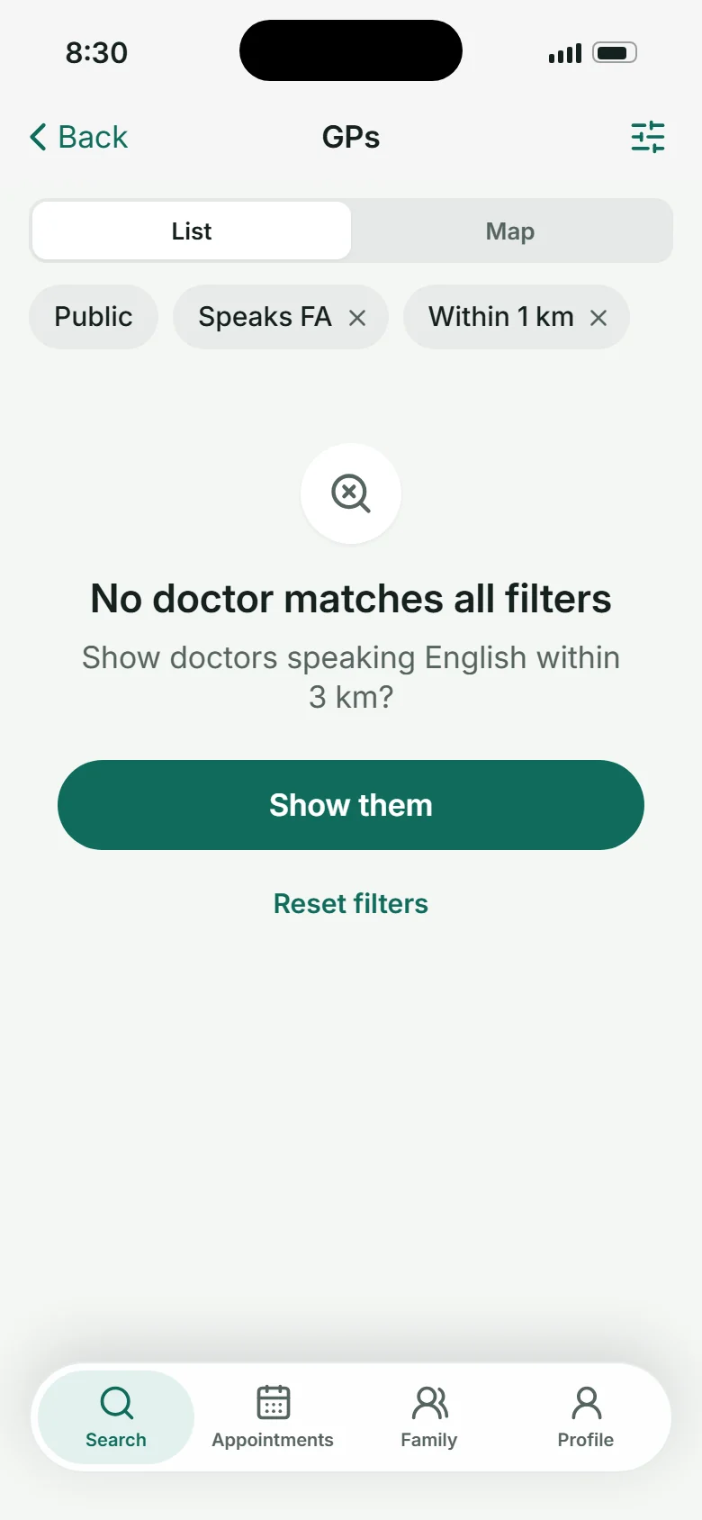 No doctor matches all filters, with the nearest fix: show doctors speaking English within 3 km
