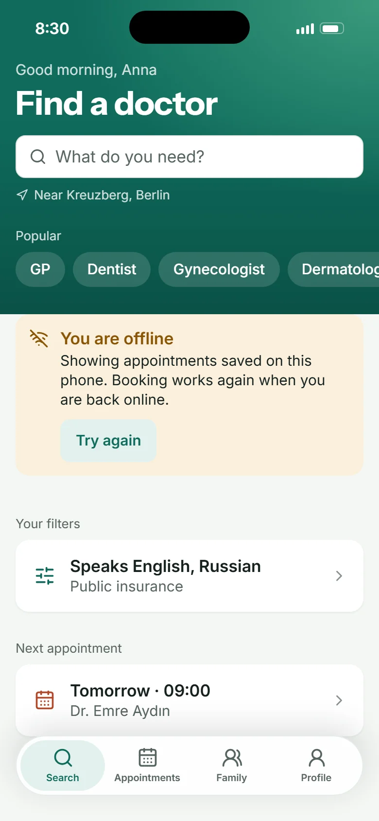 Offline: saved appointments shown, booking works again when back online