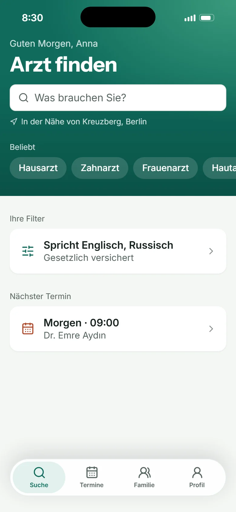 The home screen in German: Guten Morgen, Anna, Arzt finden