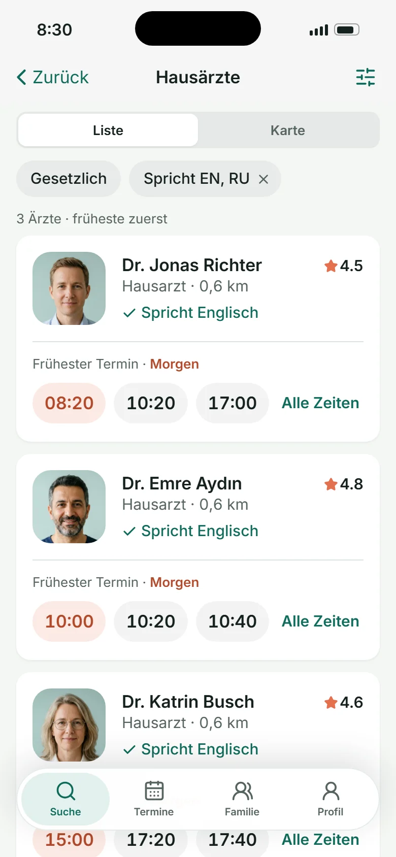 Results in German: Hausärzte, Frühester Termin, Spricht Englisch