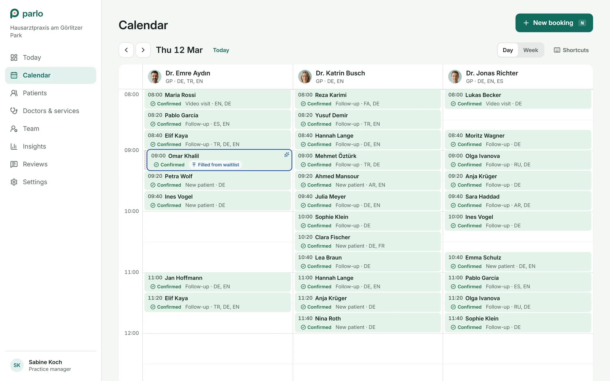 Calendar with Omar Khalil's 09:00 marked Filled from waitlist