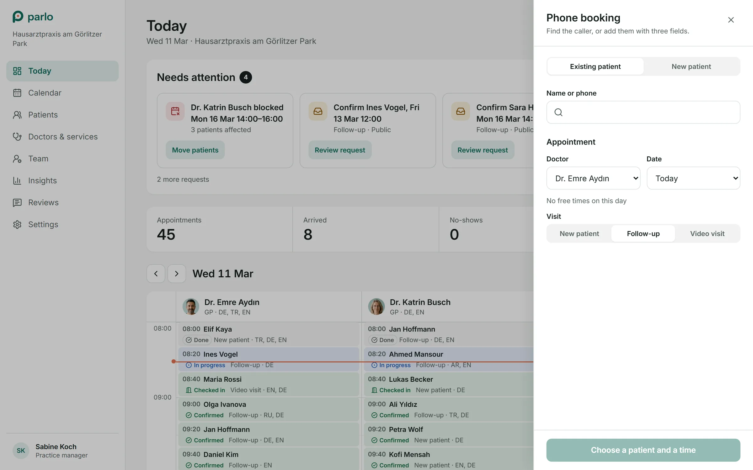 Phone booking panel: existing or new patient, doctor, date, visit type