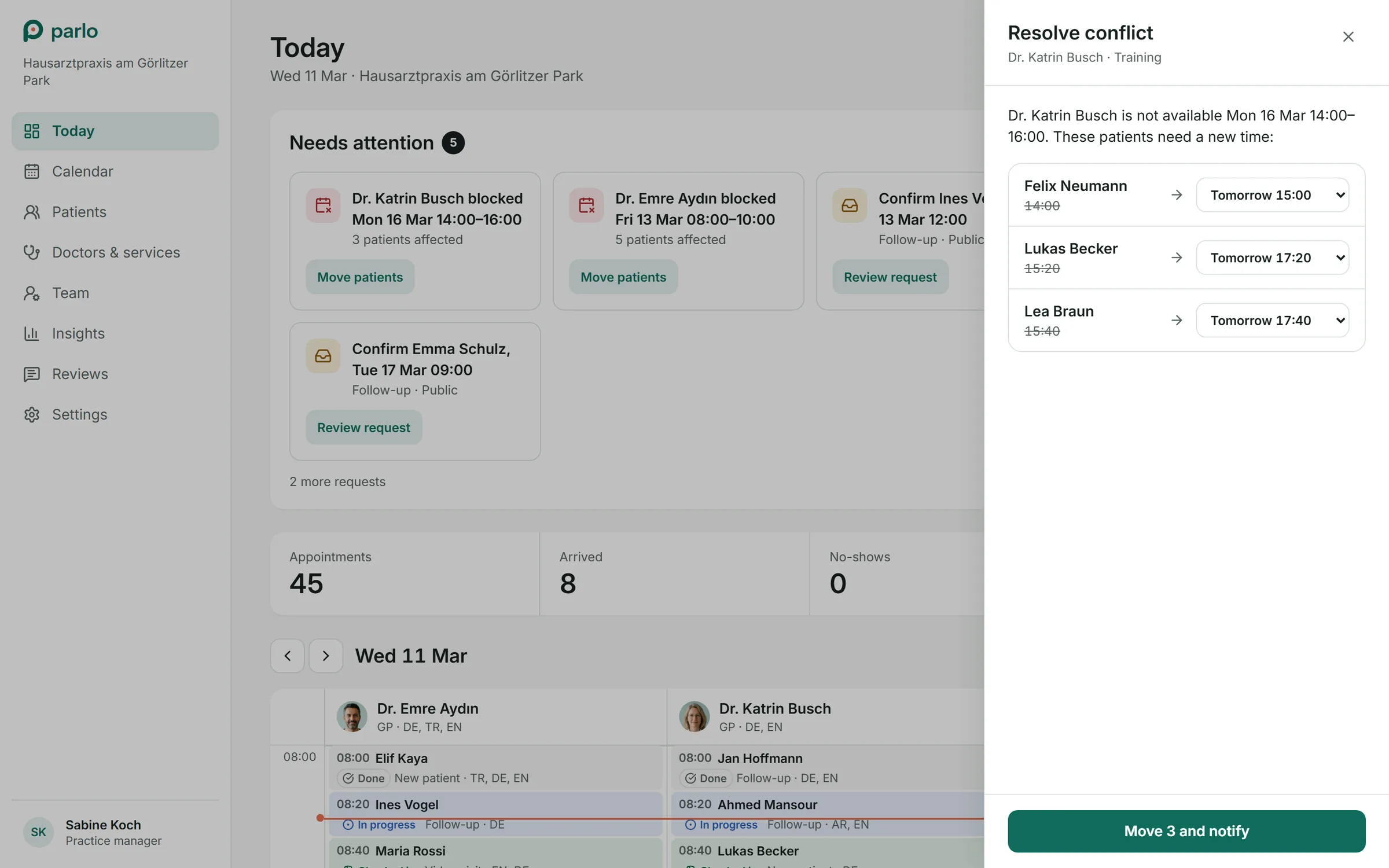 Resolve conflict: three patients with new times, Move 3 and notify